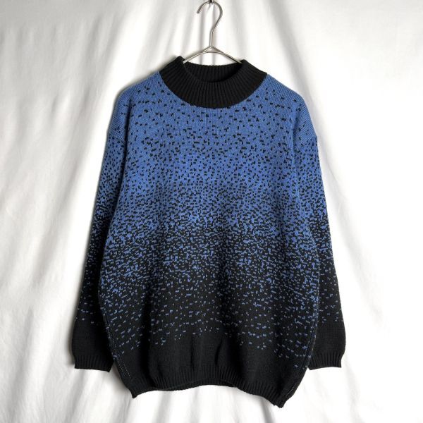 80s イタリア製 CREAZIONI il Birillo アクリル セーター S-M ブルー×ブラック グラデーション 90s拍卖