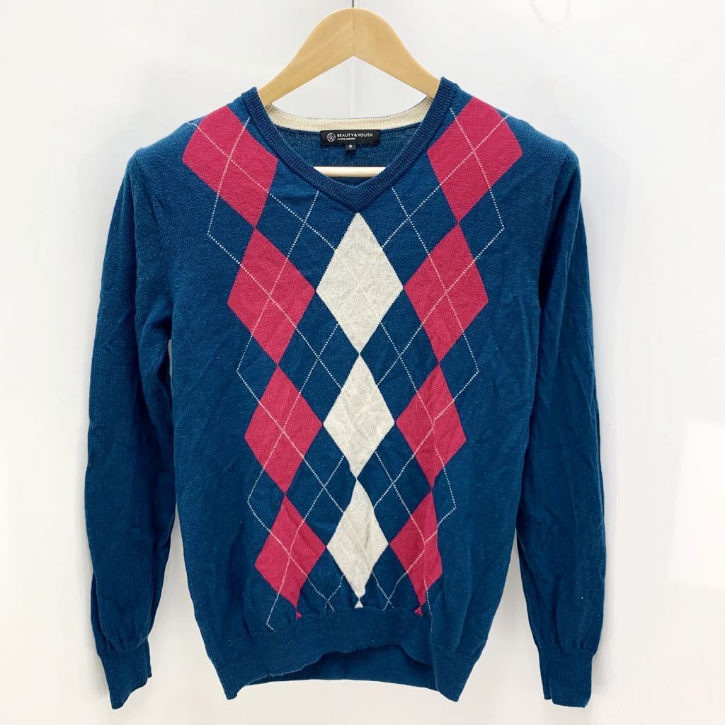 UNITED ARROWS ★ ユナイテッドアローズ 上質素材♪ アーガイル チェック ネイビー ブルー 薄手 ニット セーター S プレッピー モード■B拍卖