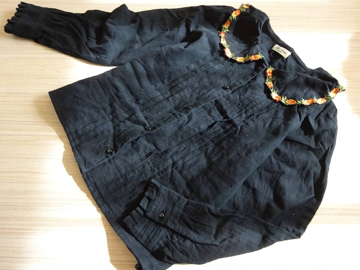 送料無料★M~L【ParAvion】フラワー刺繍襟付き長袖ブラウス★黒ブラックパラビオン オレンジ個性的オシャレレディース通勤通学デート旅行拍卖