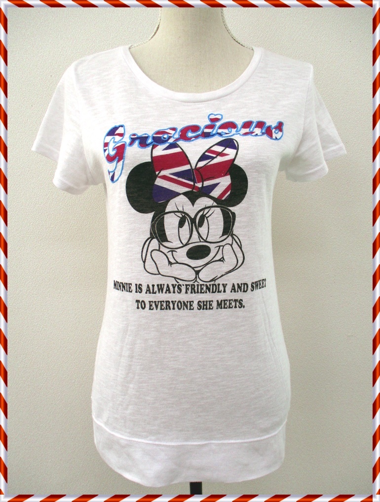 ◇114【送料無料】Disney ディズニー レディース 半袖 Tシャツ メガネミニー L ホワイト ユニオンジャック ロゴ刺繍 薄手 裾切替 綿混拍卖