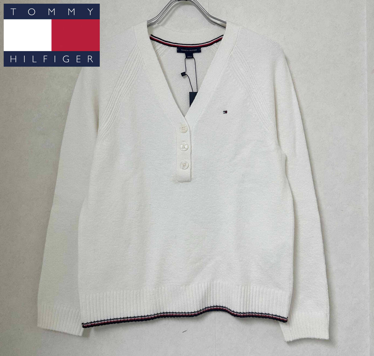 新品 M ★ TOMMY HILFIGER トミーヒルフィガー ヘンリーネック コットン セーター US-S ホワイト オーバーサイズ プルオーバー Vネック拍卖