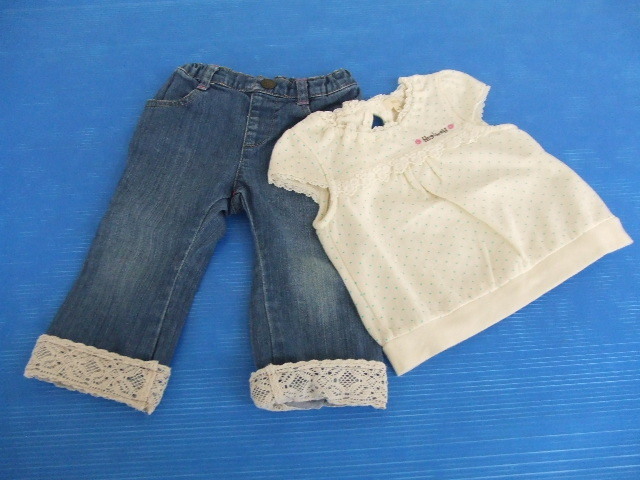 【お買得!】★HushusH/ハッシュアッシュ★女の子90サイズ2点セット ①半袖カットソー/白系/ドット柄 ②デニムパンツ/ブルー系拍卖