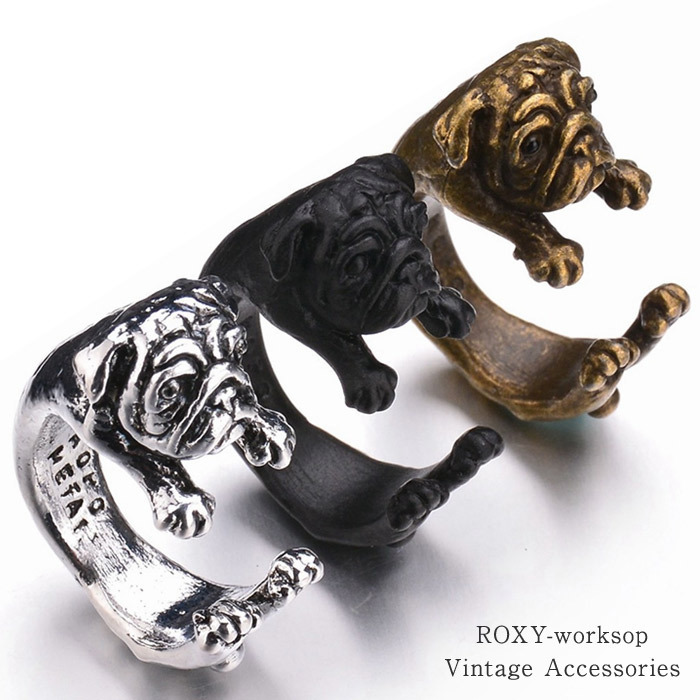 リング 指輪 ブルドック パグ リアル ガーリー ヴィンテージ 犬 イヌ いぬ ゆびわ フリーサイズ アクセサリー 拍卖