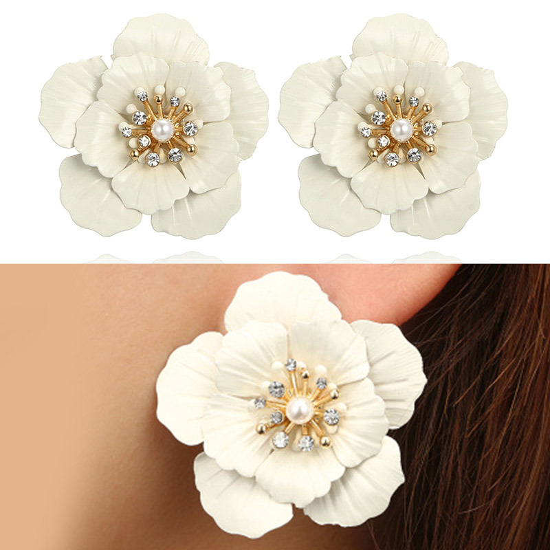 ピアス 花 フラワー 大きい パール ラインストーン ビジュー ビンテージ アクセサリー 大人 可愛い かわいい拍卖