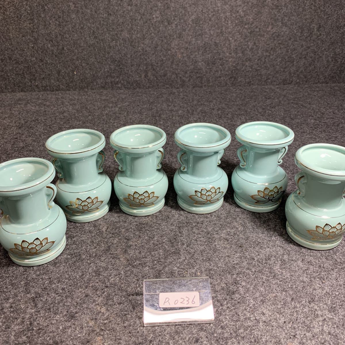 R0236 花立 青地金 ハス玉 仏花立 陶器製 未使用 三対拍卖