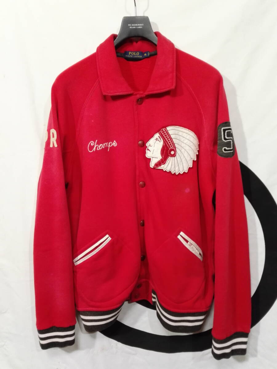 POLO RALPH LAUREN ポロ ラルフローレン スウェットスタジャン ジャケット XL レッド ワッペン アメカジ 古着 ビッグサイズ 拍卖