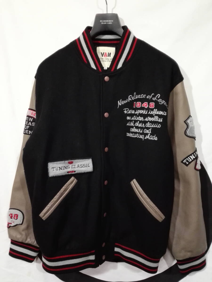 VAN JAC ヴァンヂャケット 袖革スタジャン LL ブラック×グレー 刺繍 ワッペン フルデコ カウレザー アメフト IVY 大きいサイズ拍卖