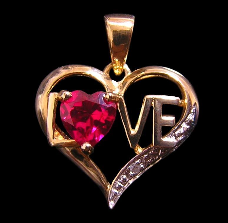 10金 『LOVE』 合成ルビー 天然ダイヤモンド ペンダントトップ ハート型 10K K10拍卖