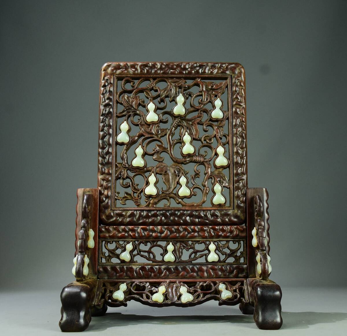 旧蔵 清 黄花梨 モザイク和田玉 瓢箪 多子多福立て 屏風 純手作り彫刻 巧奪天工 希少珍品 人間国宝 中国古玩 古美術 骨董品 202-17拍卖