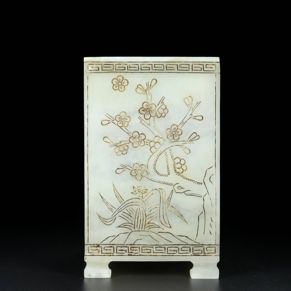 旧蔵 清 乾隆年製 玉彫 和田老玉 「梅蘭竹菊」筆立て 置物 文房具 極細工 中国古玩 古美術 骨董品 202-24拍卖