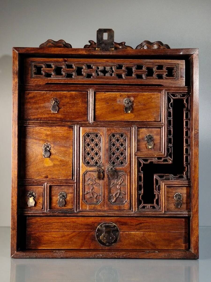 旧蔵 清 花梨木 引き出し 手提盒 木製 極細工 中国古玩 古美術 骨董品 202-20拍卖