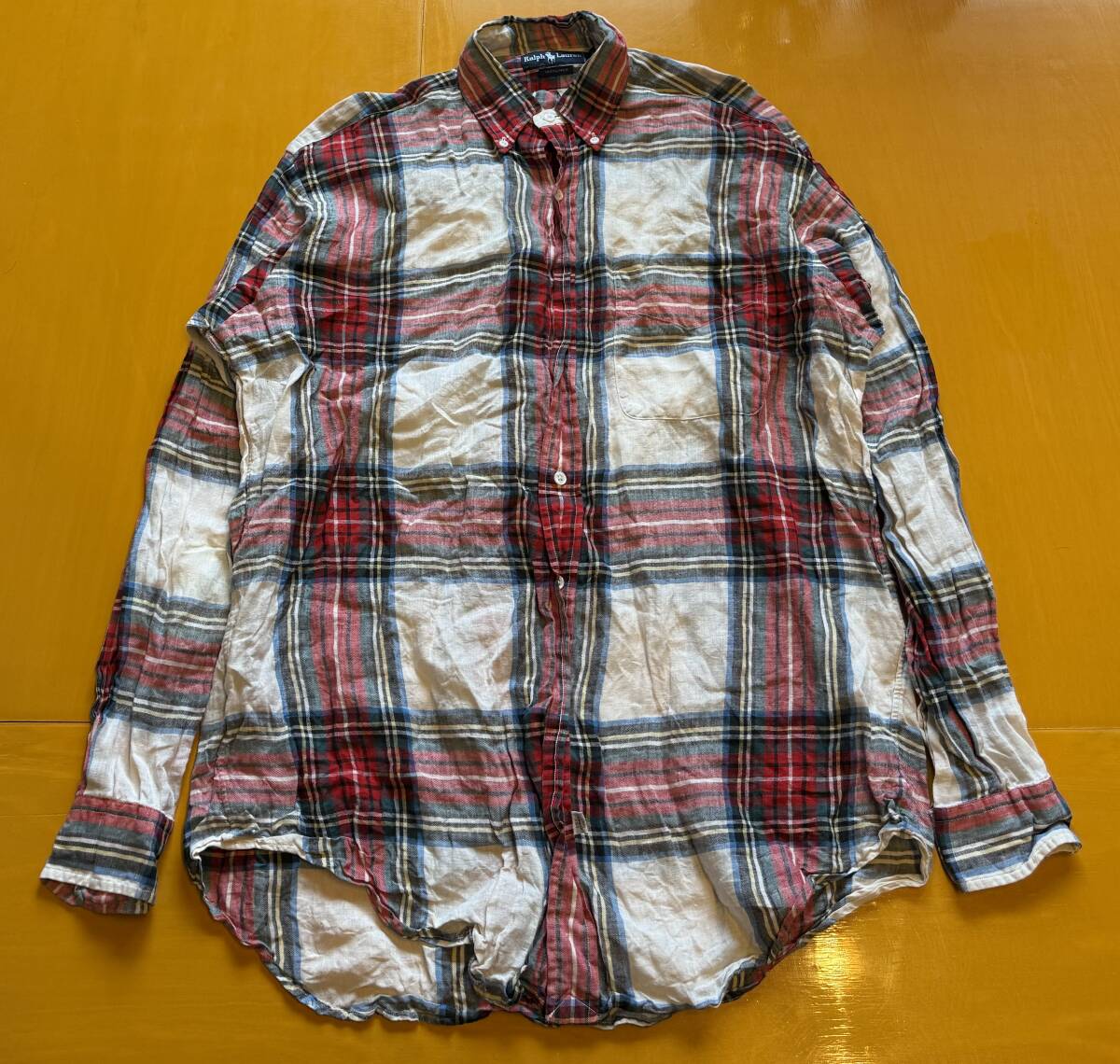 未使用品 90s RALPH LAUREN ラルフ ローレン リネン 100% マドラスチェック 長袖 シャツ拍卖