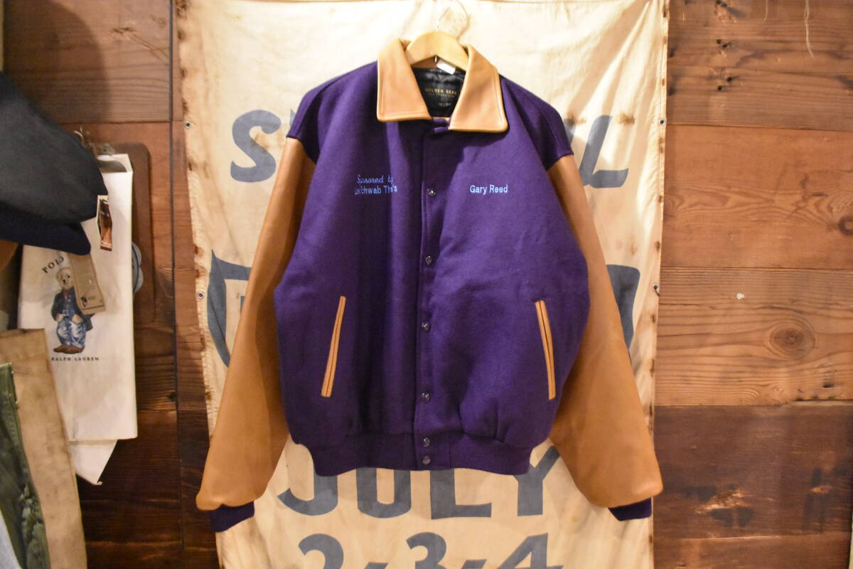 グッドスタイル◎2000sビンテージGolden BearゴールデンベアーフルスナップアワードジャケットXLブラウン茶色×パープル紫アメカジ w448拍卖