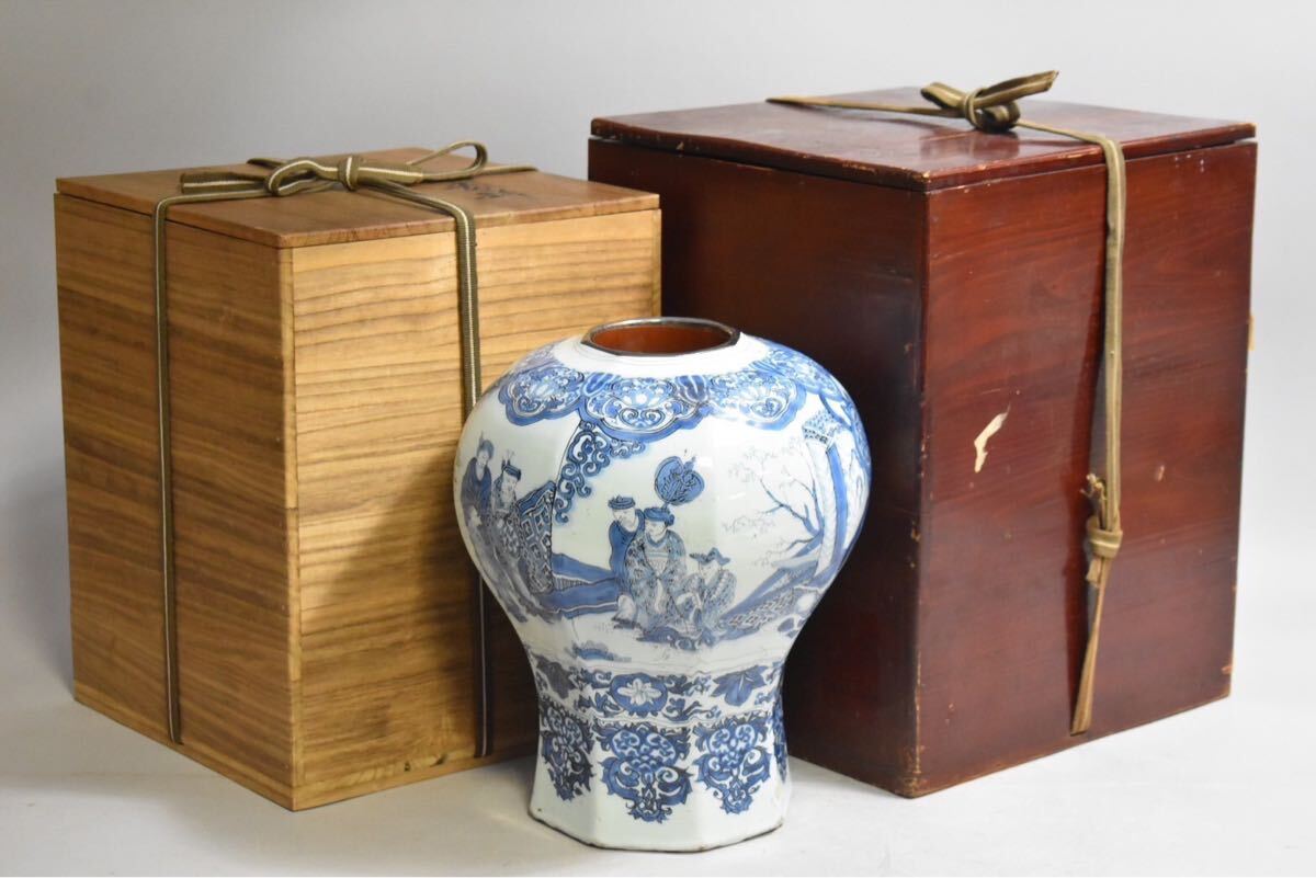 【英】◆29◆ 時代 デルフト面取壺 蔵六識箱 H34.5㎝ 西洋美術 日本 染付 阿蘭陀 オランダ 壷 花瓶 骨董品 美術品 古美術 時代品 古玩拍卖
