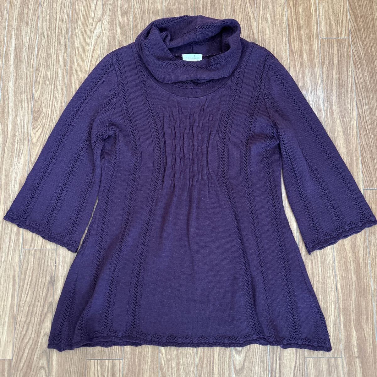 ★プレシア PRECIAR チュニック 編み込み 紫 パープル 7部袖 タートルネック ニット サイズ40 かわいい シンプル拍卖