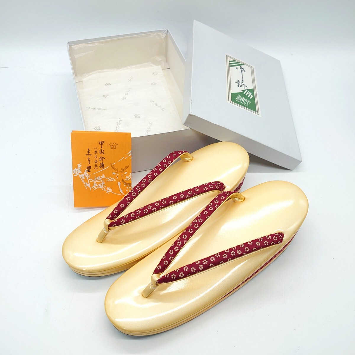 甲州印傳 印伝 インデン 鹿皮袋物 レディース 低反発 草履 ぞうり 鹿革 レザー エナメル 和装 着物 ゴールド イエロー 美品 未使用 t-25x97拍卖