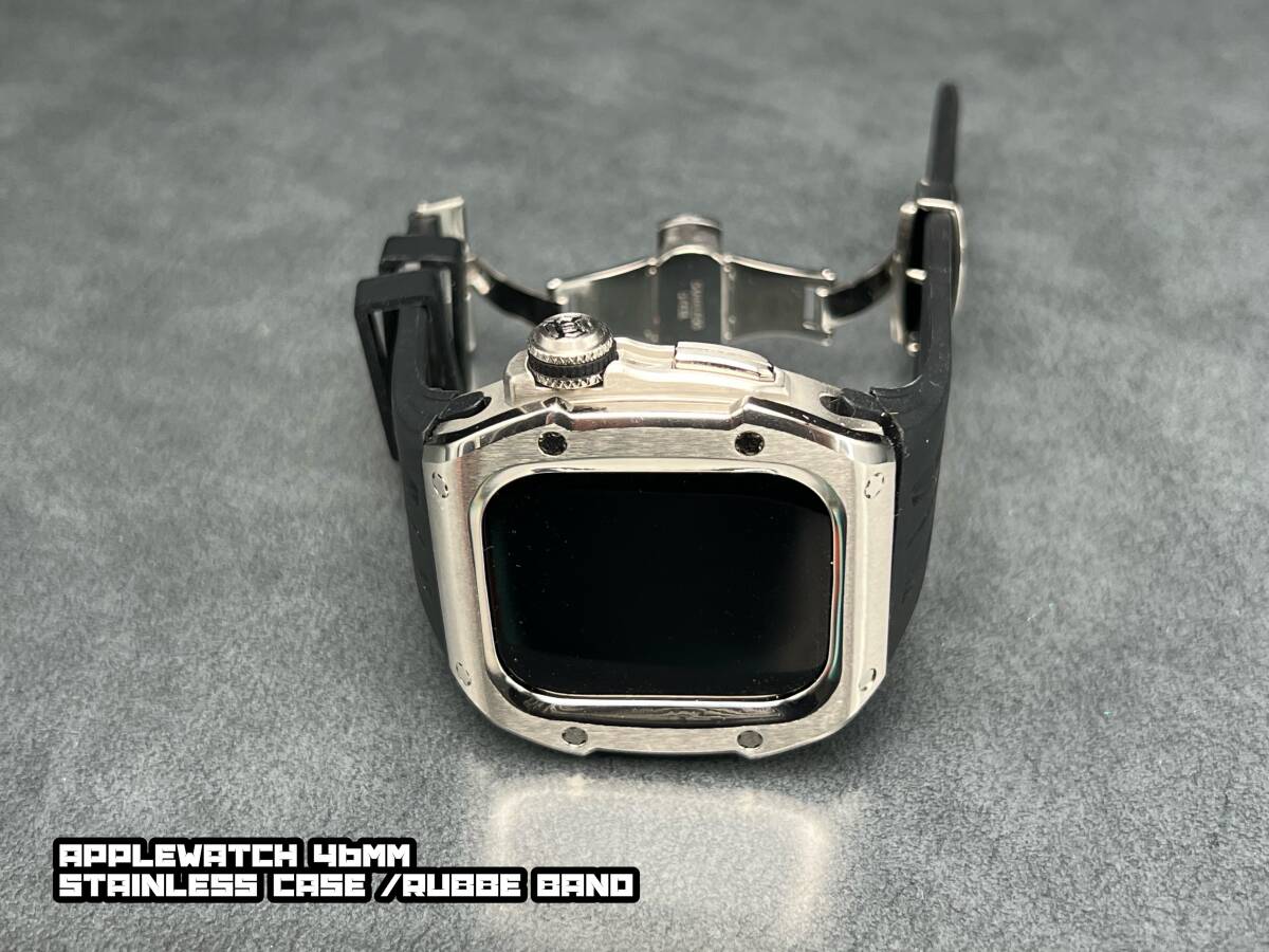 46mm 46ミリ アップルウォッチ シルバー ステンレス ケース ブラック ラバー ベルト シリーズ10 applewatch Dバックル拍卖