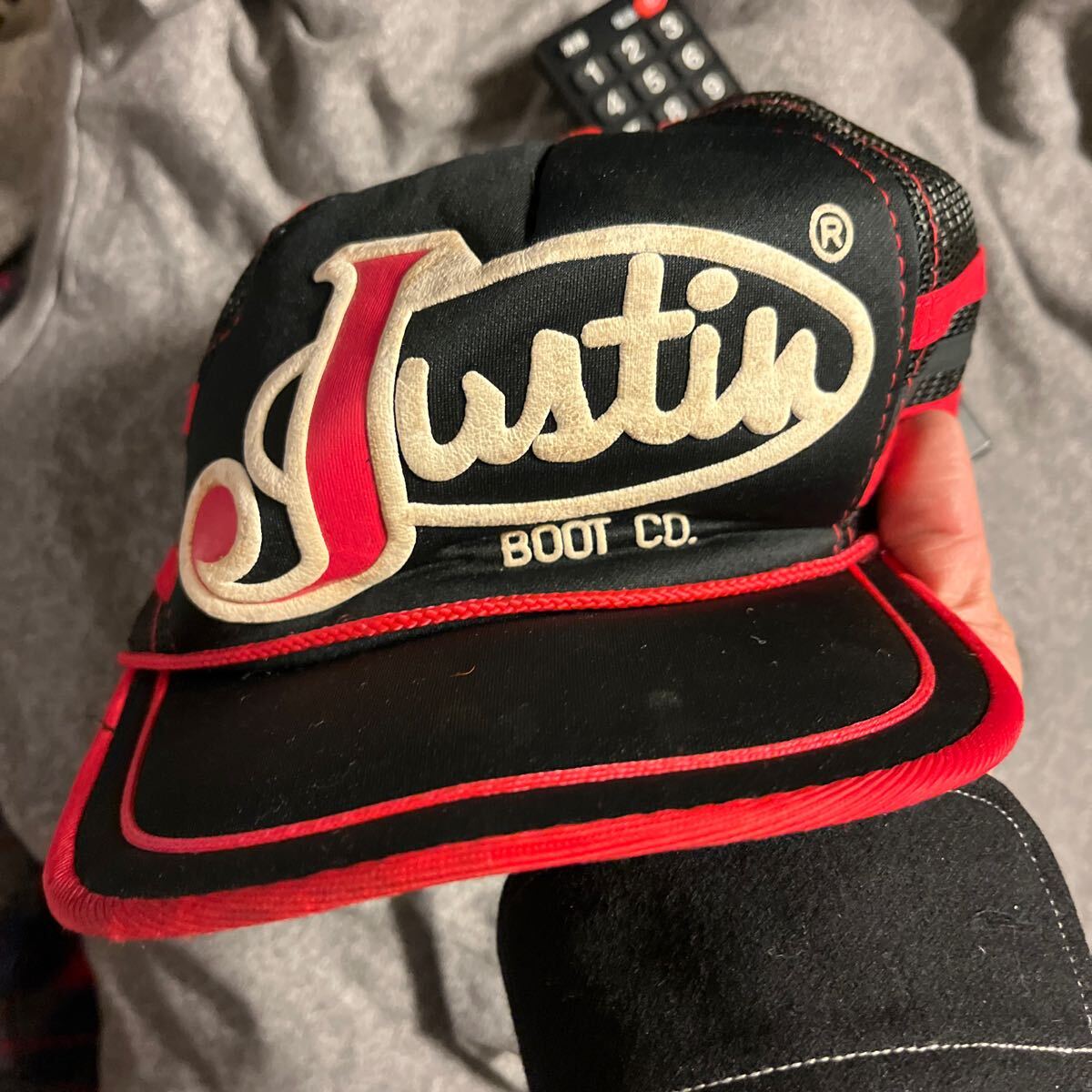 70s ジャスティン ウエスタンブーツCMメッシュフリーサイズキャップ インタレスティング帽子でこぼこメーカーアップリケ仕様 かわいい拍卖