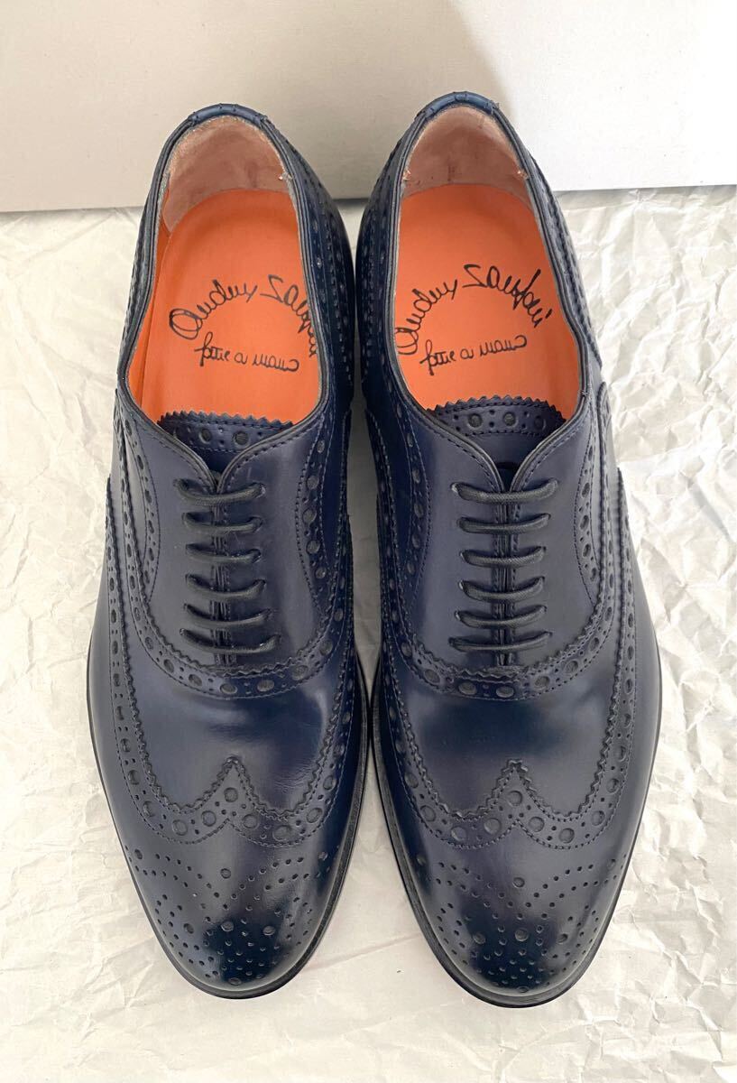 Santoni 新品 UK5.5 サントーニ ビジネスシューズ ウイングチップ メンズ 革靴 レザー 未使用 送料無料 ネイビー イタリア 紺 5 1/2拍卖