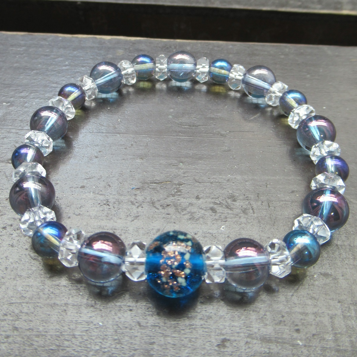 蓄光*ホタルガラスxコスモオーラxアクアオーラブレスレット 天然石 パワーストーン トンボ玉拍卖