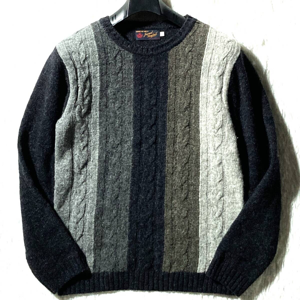 ジャーナルスタンダード★高品質&別注★スコットランド製★フィッシャーマン ストライプ縦パネル 切替ニットセーター アラン ケーブル M拍卖