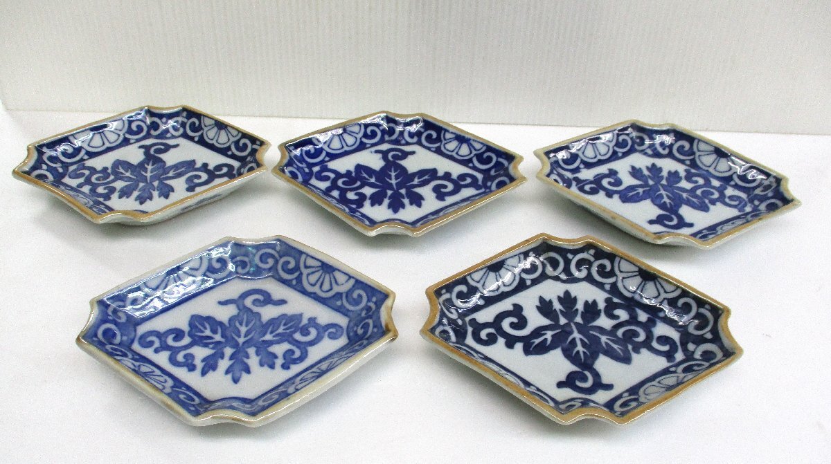 ★ 99528 菱形 皿 桐 唐草紋 5枚揃え 幅17x奥行13.5x高さ2.5cm アンティーク ★拍卖