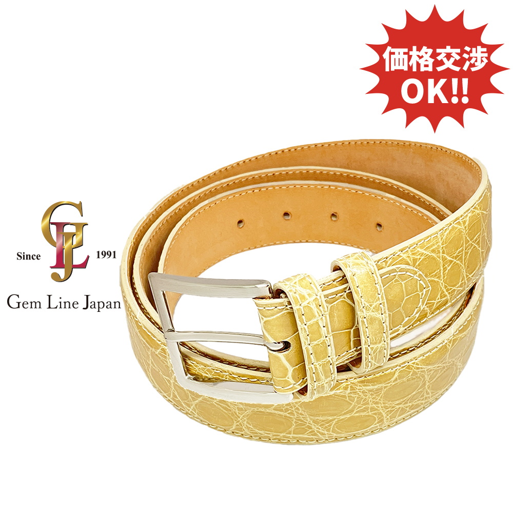 新品 イタリア製 クロコダイル メンズ ベルト ベージュ 35mm拍卖