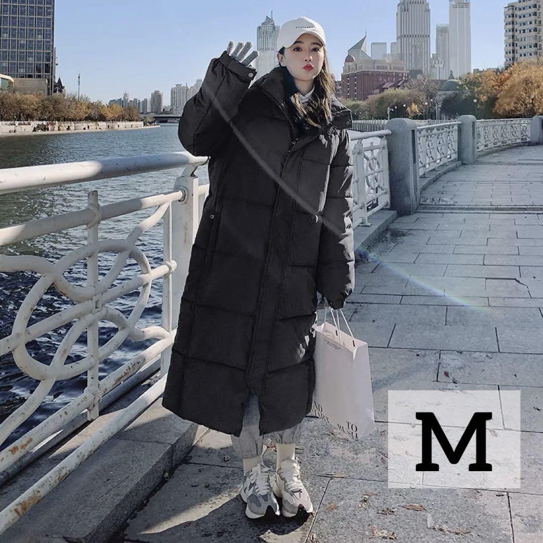 ベンチコート ロング丈 黒 M ダウンコート 大きいサイズ ロングコート 防寒 ブラック アウター 美ライン 着痩せ サッカー スポーツ拍卖