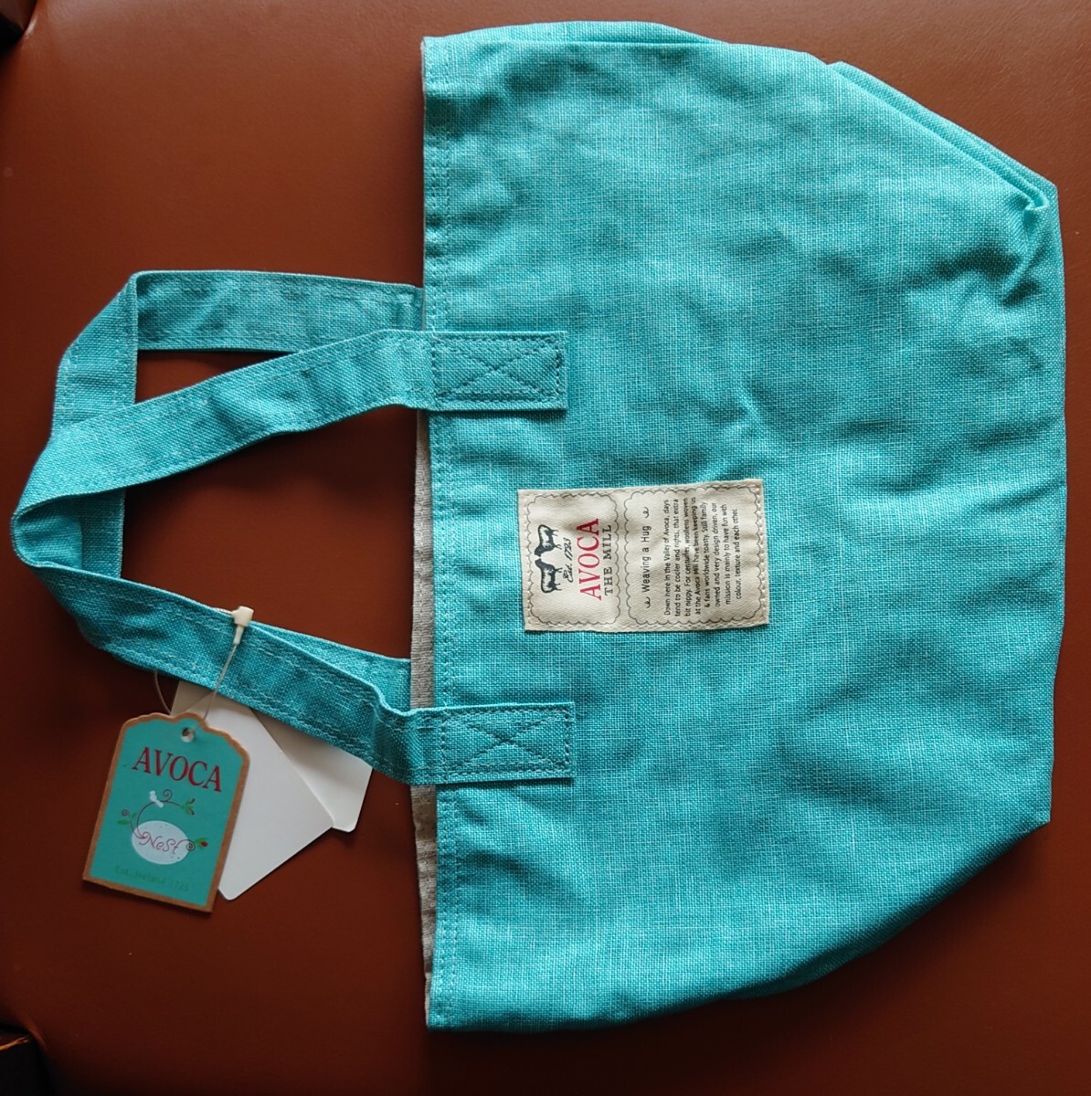 AVOCA ミニトートバッグ(ミント色)税込3780円横約32×縦約20×厚み約12センチ位 2017年購入(綿×ポリエステル×麻×レーヨン)拍卖