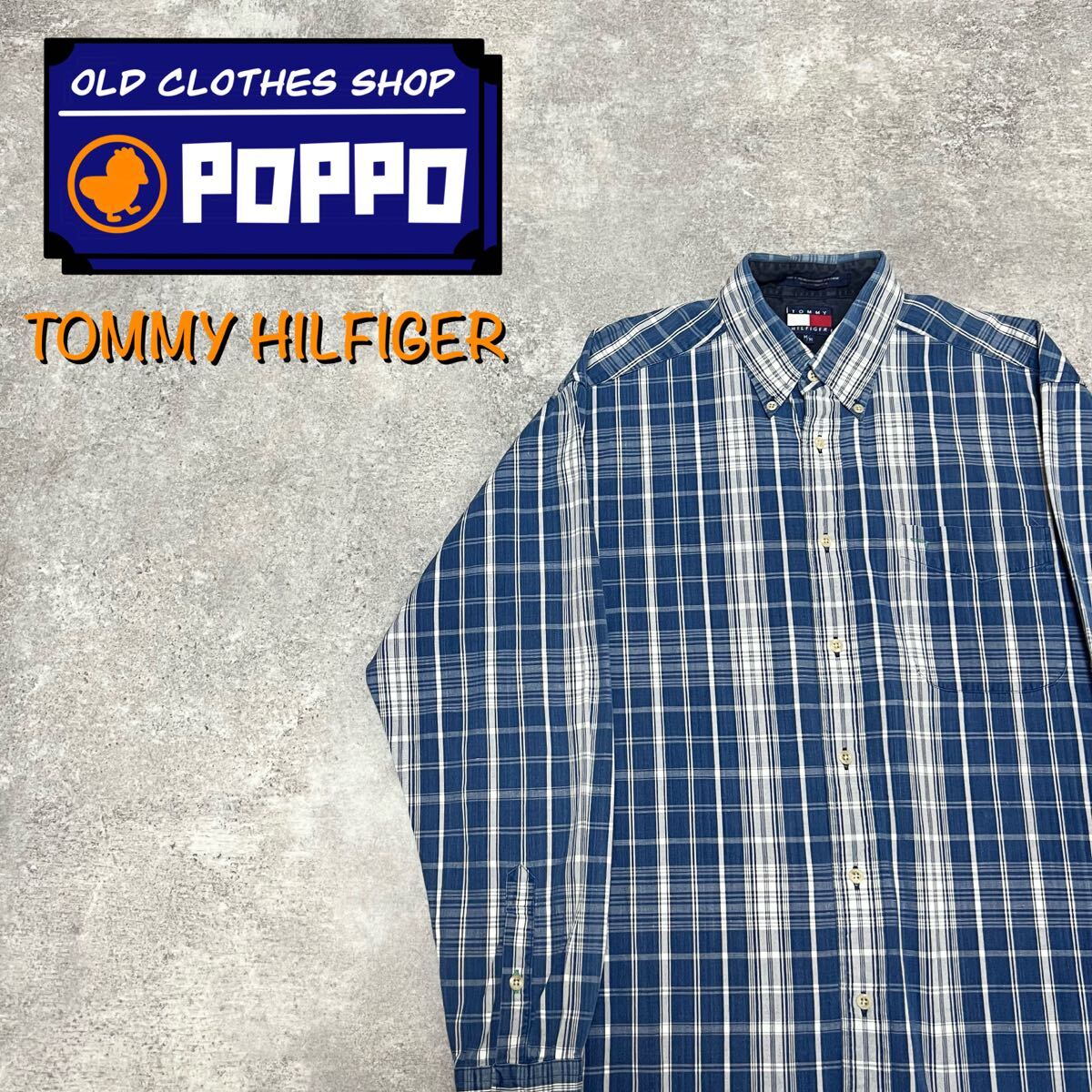 トミーヒルフィガー 裾ロゴタグ ブルー×ホワイトワークチェックシャツ 90s 長袖シャツ拍卖
