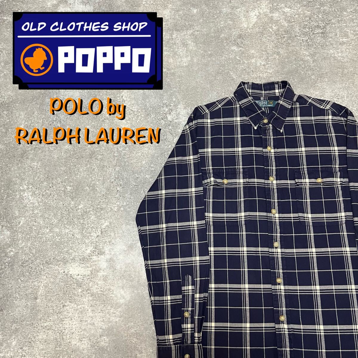 ポロバイラルフローレン フラップダブルポケットチェックシャツ 90s 濃紺  長袖シャツ拍卖