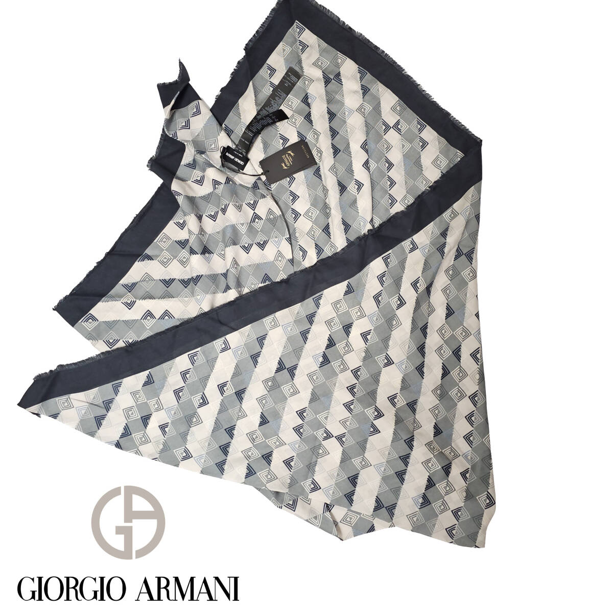 ③大判三角デザイン スカーフ エクゼクティブコレクション ジョルジオアルマーニ GIORGIO ARMANIストール ネイビー ベージュ拍卖