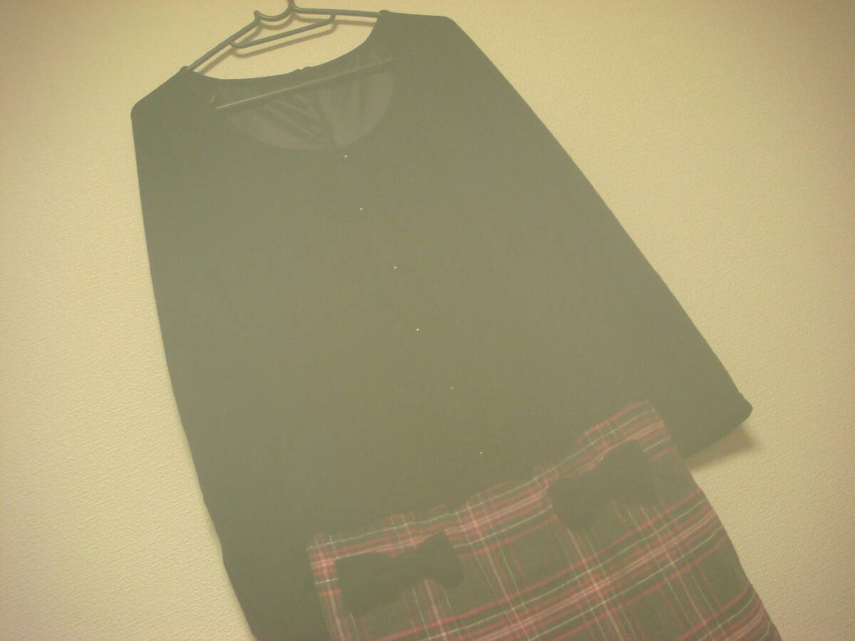 ピンキーガールズ リボン付き チェック 切り替え ワンピース 黒×ピンク 美品拍卖