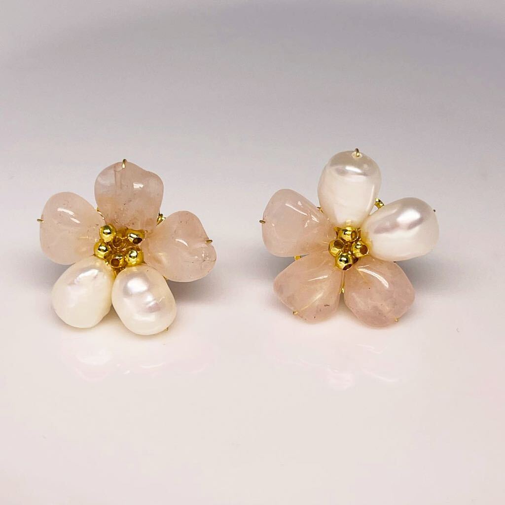 花珠級 ピンククリスタルx本真珠パールピアス 芥子 桜デザイン 天然石 シルバー拍卖