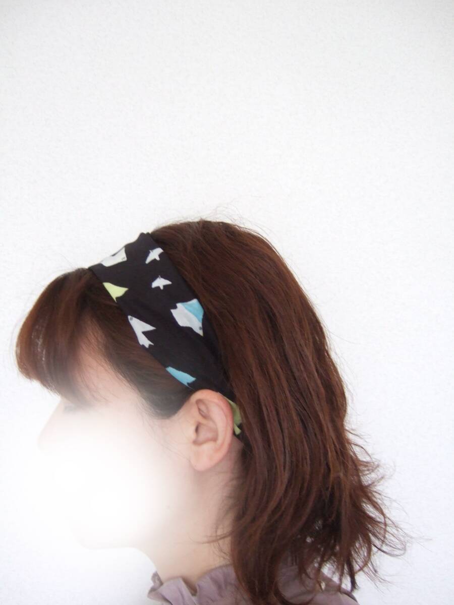 ★即決★ハンドメイド 黒かわいいデザインバード 綿ローン薄手コットンのゆるターバン**ヘアバンド 花粉症の髪よけにも拍卖