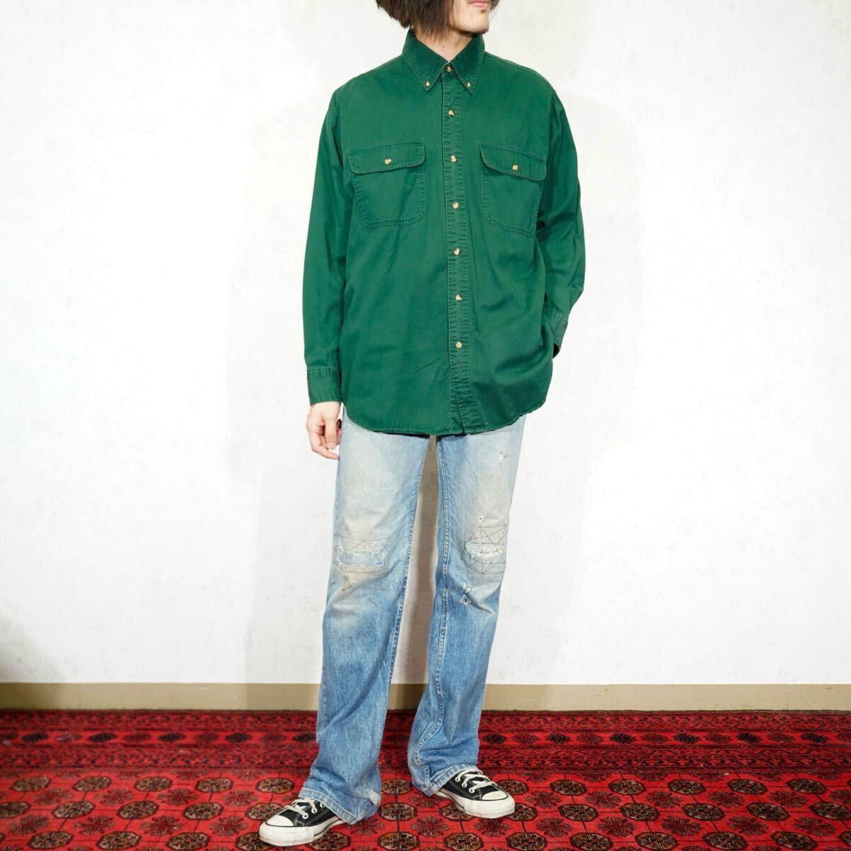 USA VINTAGE Herringbone NATURALS GREEN COLOR COTTON BD SHIRT/アメリカ古着グリーンカラーコットンボタンダウンシャツ拍卖