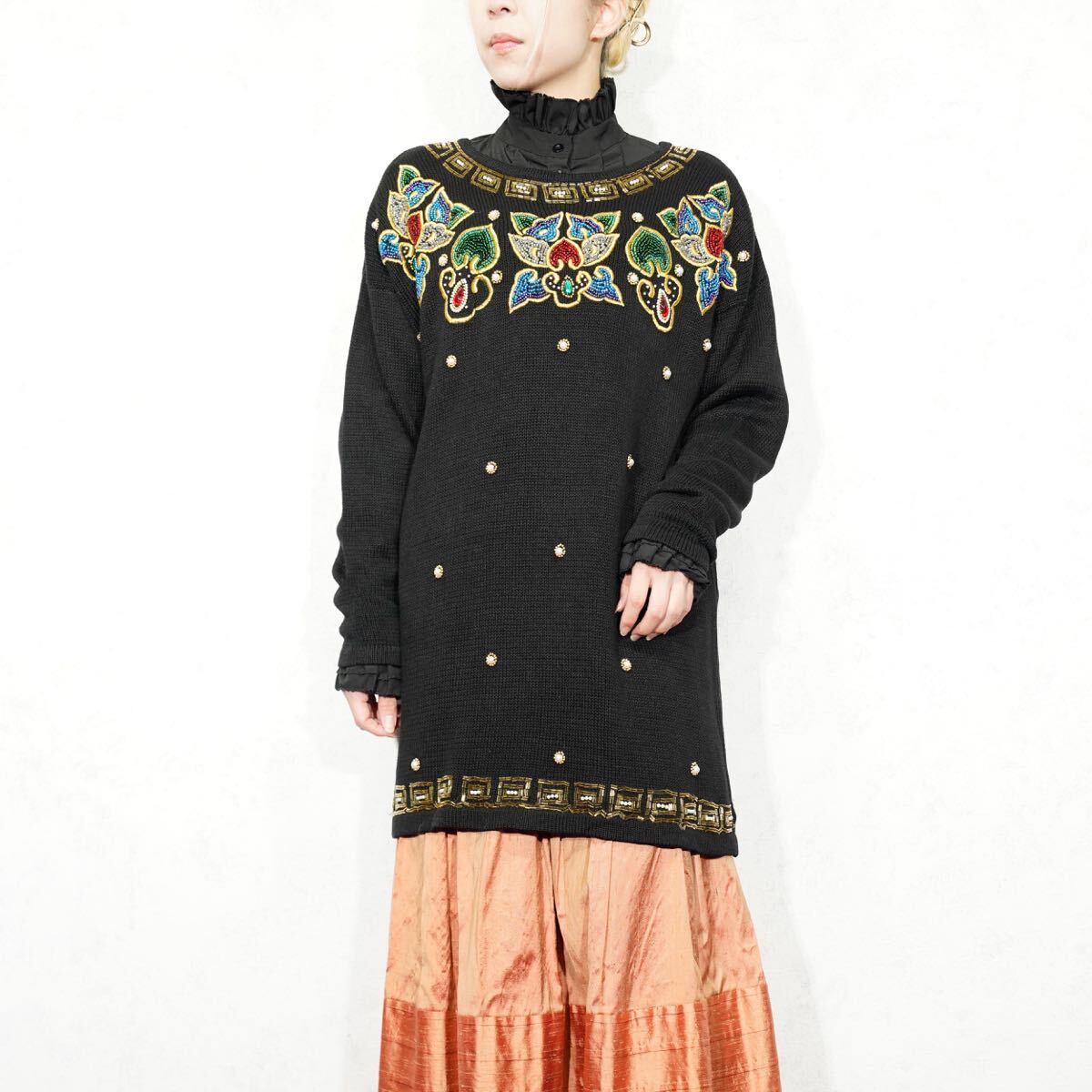 USA VINTAGE VICTORIA JONES BEAD STONE DESIGN COTTON RAMIE KNIT/アメリカ古着ビーズストーンデザインコットンラミーニット拍卖
