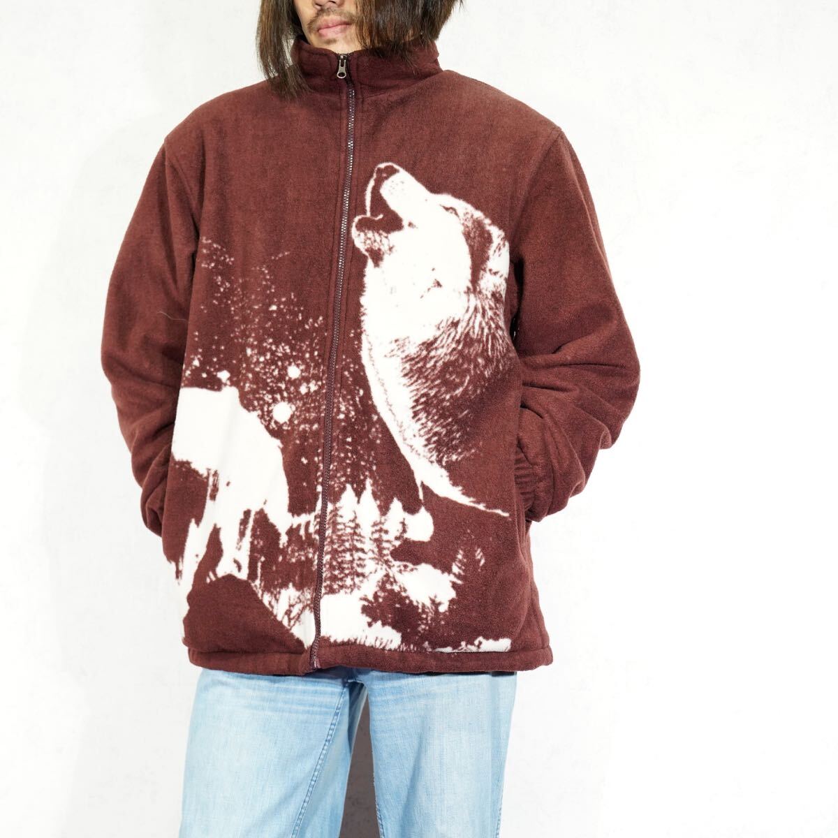 USA VINTAGE MOUNTAIN RIDGE WOLF PRINT DESIGN FLEECE ZIP UP BLOUSONアメリカ古着オオカミプリントデザインフリースジップアップブルゾン拍卖