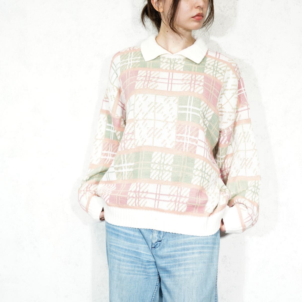 USA VINTAGE SEASON TICKET COLLAR DESIGN PATTERNED KNIT MADE IN USA/アメリカ古着襟デザイン柄ニット拍卖