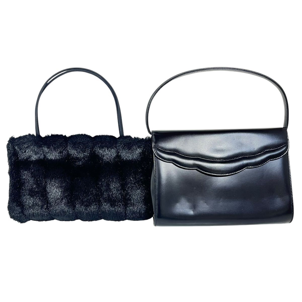 D15cc フォーマルバッグ2個セット ハンドバッグ ブラック 黒 エナメル ファー 法事 冠婚葬祭 卒業式 結婚式 お受験 フォーマル 拍卖
