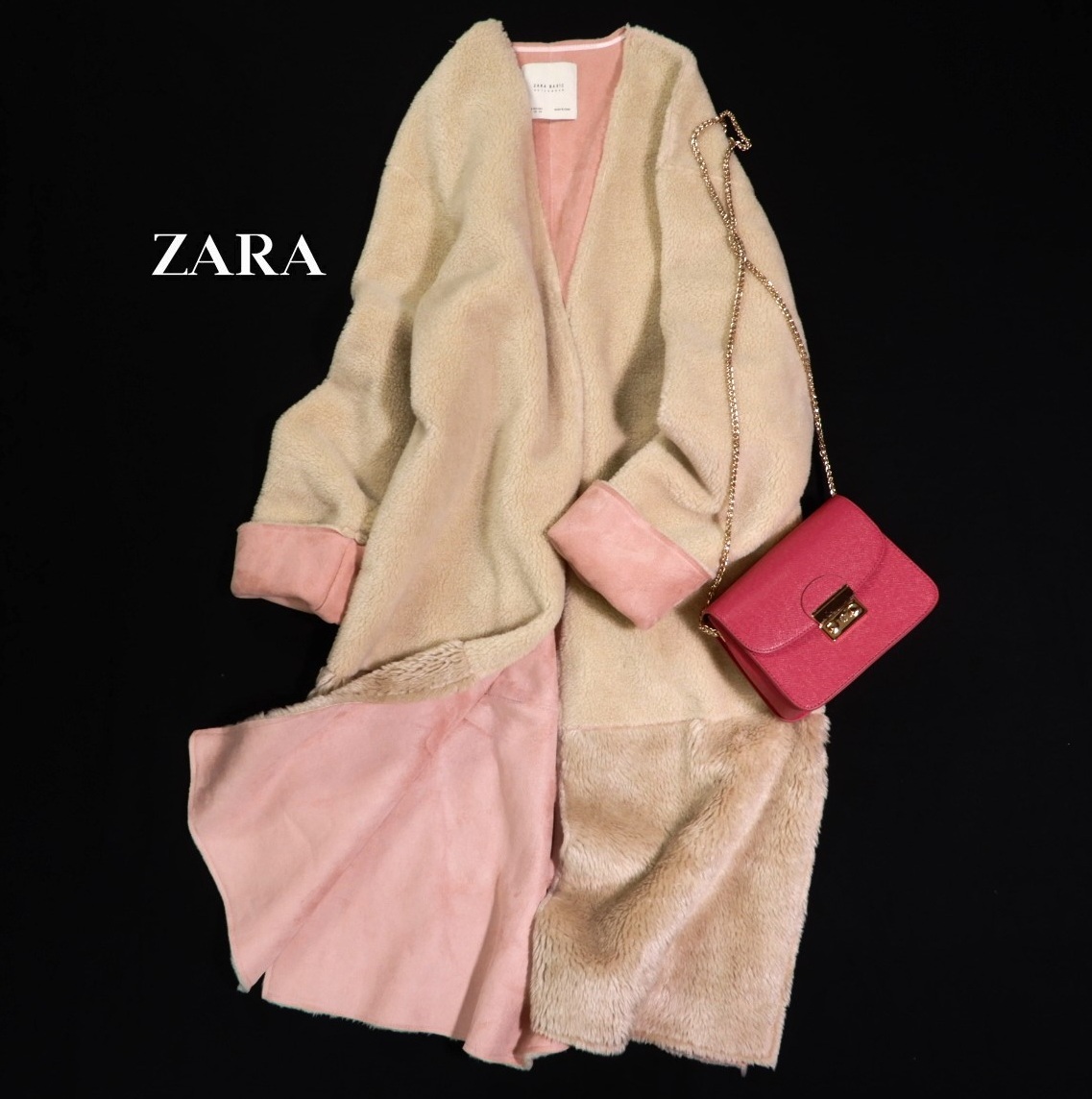 ザラ ZARA BASIC 大人可愛い☆素材切り替え ノーカラー ボア ファー ムートン コート XS拍卖