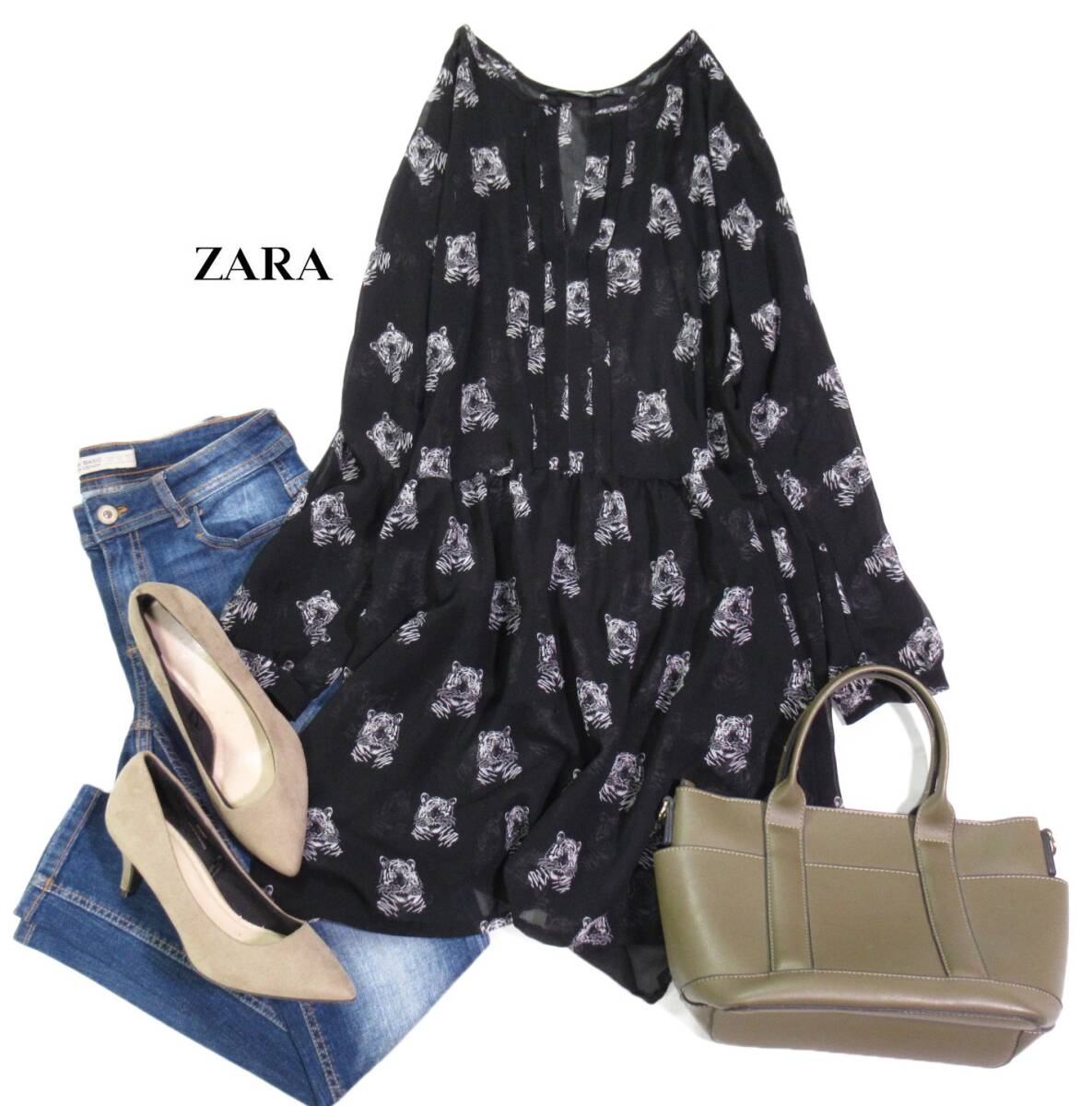 ザラ ZARA TRF 大人素敵スタイル☆寅 タイガープリント シースルー ロング シャツ チュニック ワンピース S拍卖