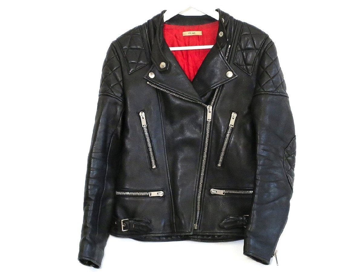 CELINE セリーヌ シープスキン ライダースジャケット メンズ 羊革 バイカー 希少 38 ブラック 中古拍卖