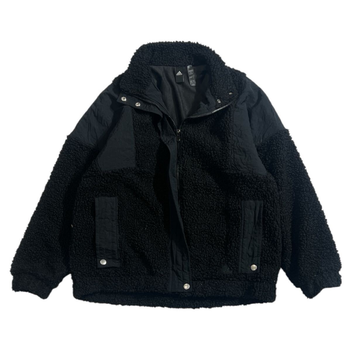 ■ adidas アディダス ■ THREE パフォーマンス ロゴ 刺繍 ナイロン 切替 フリース ボア ジャケット ブラック M拍卖