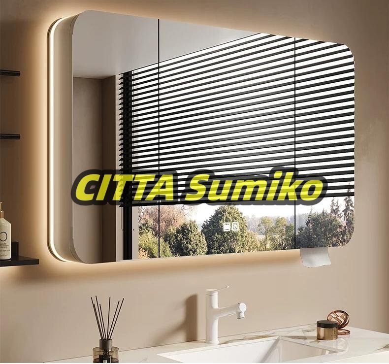 ミラーキャビネット 照明付き、洗面所 おしゃれ 収納付き ストレージオ、吊り戸棚 扉付き 簡単収納(80*75cm)拍卖