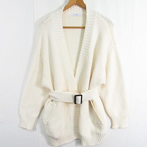 ジーナシス JEANASIS ニット カーディガン ミディアム丈 長袖 ベルト付き 綿 F アイボリー kz10655 レディース拍卖