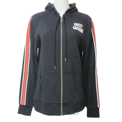 ハーレーダビッドソン HARLEY DAVIDSON パーカー ジップアップ ロゴ ラインストーン ライン プリント 長袖 裏起毛 S 黒 ブラック X拍卖