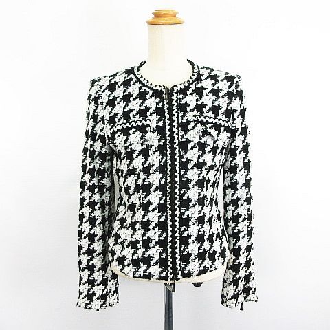 ミッシェルクラン MICHEL KLEIN ノーカラージャケット アウター 長袖 ツイード 千鳥格子 ジップアップ ウール混 38 ブラック×ホワイト ※E拍卖