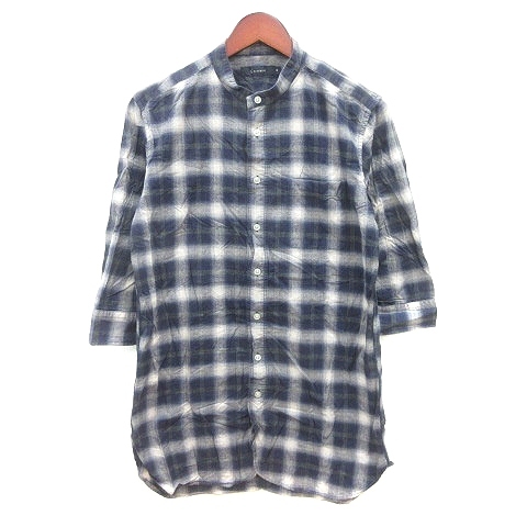 レイジブルー RAGEBLUE シャツ ノーカラー チェック 長袖 M 紺 ネイビー /MN メンズ拍卖