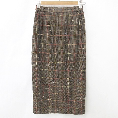 未使用品 カルロ CARLO スカート タイトスカート ロング ベンツ ツィード チェック 茶 ブラウン 9 レディース拍卖